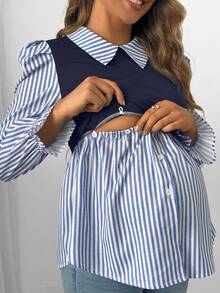 SHEIN Maternity Spring/Autumn Casual Stripe Patchwork Puff Sleeve 2 In 1 Nursing Shirt Fall - Multicolor - View 4