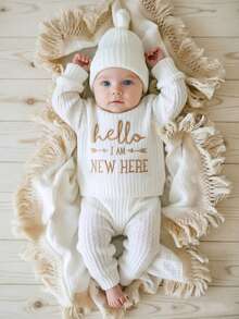 SHEIN HELLO 字母刺绣新生儿摄影服装 - 男婴/女婴上衣、裤子、帽子 3 件套，1 个月至 100 天大工作室摄影道具 - 白色 - 查看 1