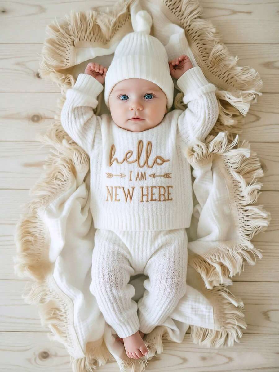 SHEIN HELLO 字母刺绣新生儿摄影服装 - 男婴/女婴上衣、裤子、帽子 3 件套,1 个月至 100 天大工作室摄影道具 - 白色 - 查看 1