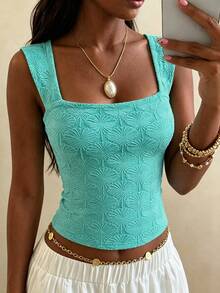 SHEIN Unity Fashion Women's Green Scallop Flower Wide Strap Knit Tank Top - Mint Green - View 5