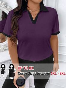 SHEIN CURVE+ Plus Size Women Casual Commuting Formal Vacation Outdoor Versatile Contrast Color Short Sleeve T-Shirt, Spring/Summer Dark Purple - Purple - View 1