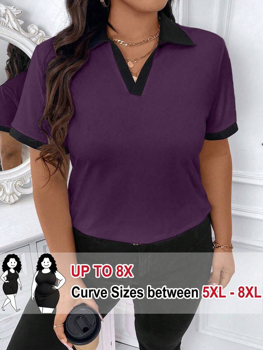 SHEIN CURVE+ Plus Size Women Casual Commuting Formal Vacation Outdoor Versatile Contrast Color Short Sleeve T-Shirt, Spring/Summer Dark Purple - Purple - View 1