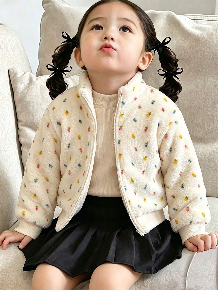 Young Girls Fresh Floral Pattern Plush Zipper Jacket, Suitable For Spring, Autumn, Winter, Daily Casual, Outings, Vacation, Elegant And Cute Outfit - Apricot - View 1