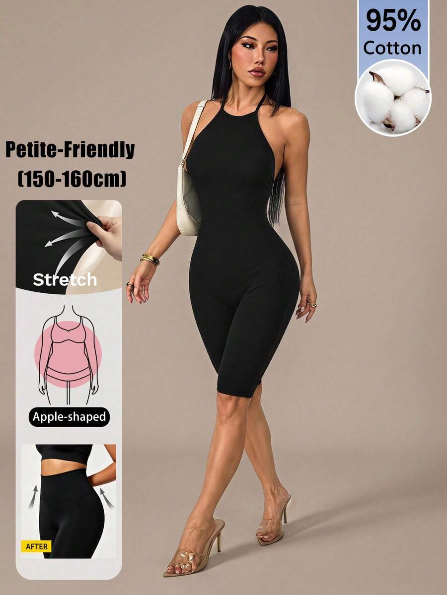 SHEIN PETITE 女款素色掛脖修身連身褲 - 黑色 - 查看 1