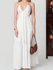 PRISCILA ESCOTO PRISCILA ESCOTO Women's Romantic Floral Printed Beach Vacation Halter V-Neck Pleated Backless A-Line Dress For Summer Hawaii,White Graduation Dress Elegant Party - White - View 6