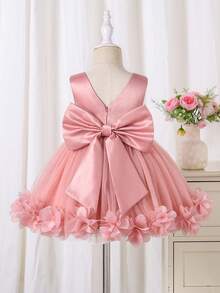 SHEIN Glamorique Kids 女嬰公主禮服大蓬裙 派對生日夏季花童裙 灰粉色蓬鬆薄紗婚禮裙 V領露背 大蝴蝶結 優雅款 - 藕粉色 - 查看 5
