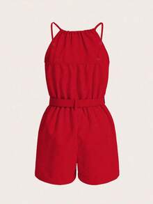 EMERY ROSE Women's Summer Solid Color Pleated Casual Pocketed Halter Romper For New Year Clothes - Red - View 2