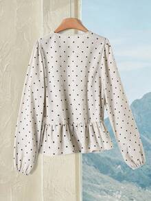 Rusticease Blouse décontractée à manches longues à pois pour femmes, à simple boutonnage, avec ourlet à volants, blanc à pois, automne - Nude - Voir 2