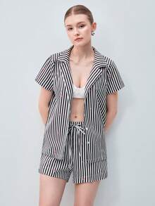 Softvol Women's Striped Heart-Shaped Casual Pajama Set With Elastic Waist Shorts, Suitable For Spring, Summer And Autumn - Black - View 7
