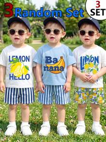 3 Random Set,Letter Print Crew Neck Short Sleeve Top And Matching Print Shorts Outfit Set For Outdoor Activities,School Clothes - Multicolor - View 3
