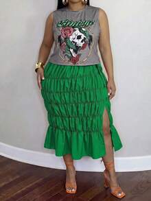 Slaydiva Setelan 2 Potong Wanita Ukuran Plus dengan Atasan Motif Huruf dan Bunga serta Rok Desain Belahan untuk Sehari-hari, Kasual. - Hijau - View 4
