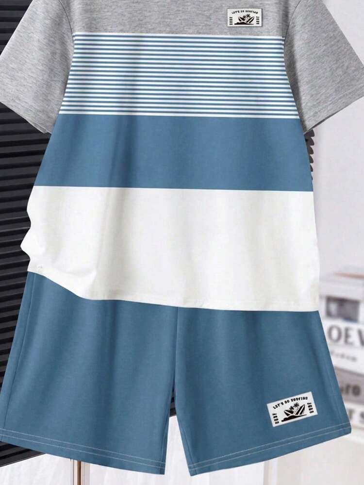 Tween Boy Casual Comfortable Fashion Minimalist Crew Neck Short Sleeve T-Shirt And Shorts Set - Multicolor - View 6