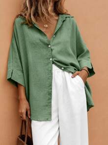 EMERY ROSE Plus-Size Women's Spring/Summer Casual, Simple, And Versatile Resort-Style Khaki Solid-Color Loose-Fit Drop-Shoulder Collared Shirt-Perfect For Spring And Summer - Green - View 5