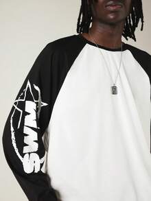 SUMWON Mens Color Block Raglan Long Sleeve Tee With Graffiti Star Print On Sleeves Crew Neck - Black and White - View 5