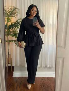 SHEIN Lady CURVE Plus Size Women Solid Color Lantern Sleeve Blouse And Pants Casual 2 Pieces Set - Black - View 3