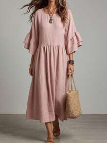 Ceyna Vestido de manga corta con pliegues para vacaciones en talla grande - Rosa - Ver 1