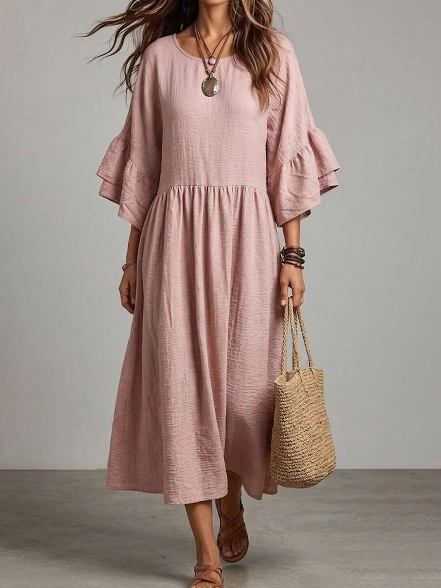 Ceyna Vestido de manga corta con pliegues para vacaciones en talla grande - Rosa - Ver 1