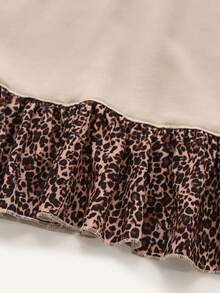 LUMIGAL Sweatshirt Lengan Panjang Kasual Wanita Motif Leopard Patchwork dengan Tudung untuk Sehari-hari - Khaki - View 6
