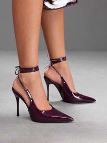 CUCCOO SZL Temperament Burgundy Patent Leather Lace-Up Empty High Heels, Banquet Commuter - Burgundy - View 6