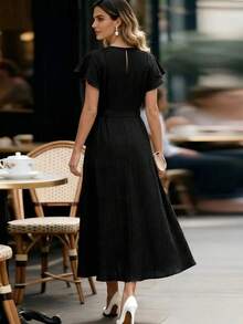 Editum Women's Solid Color Round Neck Ruffle Sleeve Elegant Mid-Length Dress - Black - View 2