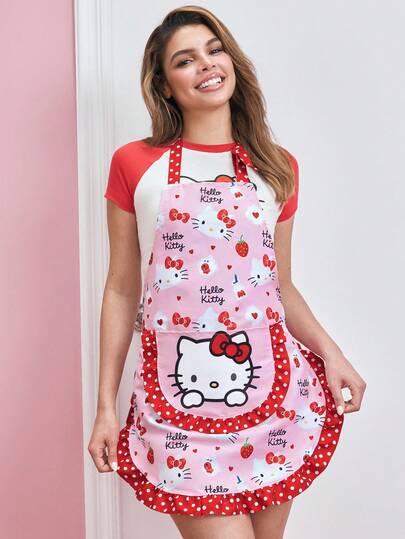 HELLO KITTY AND FRIENDS | SHEIN 1pc Cute Design Kitchen Apron, Baking Apron, Ruffle Bow Decor, Adorable Apron, S & M Two Sizes, Parent-Apron