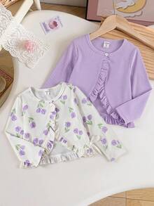 SHEIN Elladie kids 少女純色長袖針織開襟衫極簡風多件套適春夏休閒日常穿著 - 紫色 - 查看 4