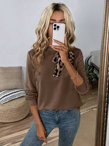 Easowa Women's Casual Elegant Leopard Print Tie-Neck Long Sleeve Sweatshirt Suitable For Autumn Business Daily Wear Brunch Office Work Brown Brown - Brown - View 6