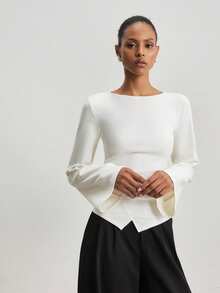 ATUI Studio Women's Tencel Wool Blend Bell Sleeve Knitted Ruched Waist T-Shirt With Asymmetric Hem - White - View 4