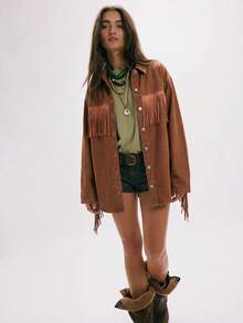 Bohemela Women's Drop Shoulder Long Sleeve Single-Breasted Casual Fringe Design Denim Jacket - Khaki - View 6