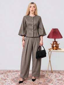 PRISCILA ESCOTO PRISCILA ESCOTO Elegant Retro French Style Women's Romantic Date High-End Design Herringbone Round Neck Cropped Balloon Sleeve Cinched Waist Matel Button Blazer Fall - Multicolor - View 5