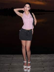 hhfernanda 女士时尚休闲格子印花刺绣无袖衬衫 - 粉色 - 查看 4