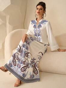 Al Najma Women's Elegant Modest Matching White Printed Dress With Small Stand Collar Shallow V-Neckline Foldable Cuffs Large Hem Floral Pattern Formal Winter - White - View 1