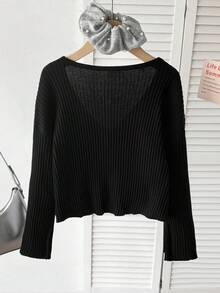 SHEIN Tween女孩秋冬新款時尚休閒學院風黑色針織提花羅紋蝴蝶結開襟衫，返校穿搭，秋冬外出穿搭，適合多種搭配 - 黑色 - 查看 5