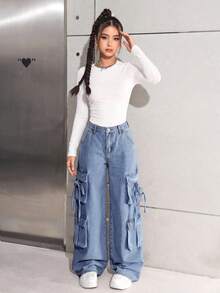 SHEIN 少女工装口袋宽腿宽松休闲牛仔裤 - 中等水洗藍 - 查看 5