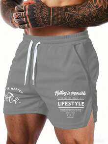 Gym Rark Men's Letter Print Drawstring Waist Pocket Sports Shorts 2pcs/Set - Black - View 5