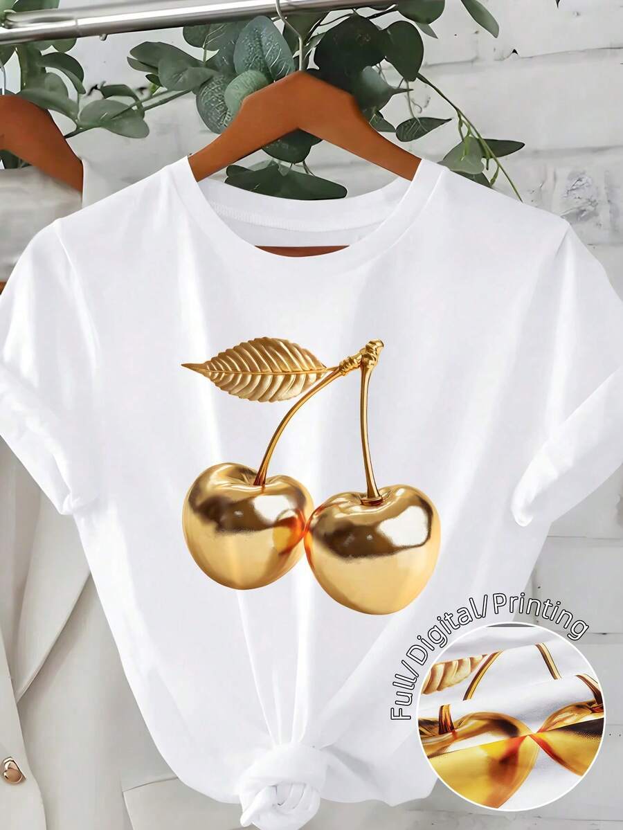 SHEIN EZwear 大尺碼街頭風上衣,街頭風格,全白,圖案短袖T恤,可愛夏季上衣,度假氛圍 - 白色 - 查看 1