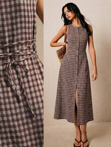 Poéselle Women's Plaid Button-Front Waist-Cinching Slim Fit Long Dress, Commuter Office Wear, Summer Outing Outfit - Coffee Brown - View 7