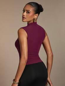 Hauture Women's Rhinestone Embellished Stand Collar Mesh Fitted Fashion Tank Top - Burgundy - View 2