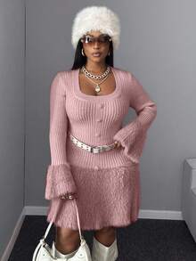 Maweii Plus Size Women Solid Color Elegant Fitted Fuzzy Heart Knitted Sweater Dress Winter - Pink - View 3