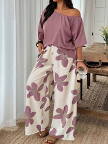 Weeklong Plus Size Summer Casual Solid Color Asymmetric Neck Top And Floral Print Pants 2-Piece Set Fall - Multicolor - View 1