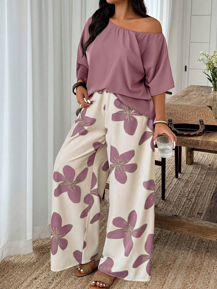 Weeklong Plus Size Summer Casual Solid Color Asymmetric Neck Top And Floral Print Pants 2-Piece Set Fall - Multicolor - View 1
