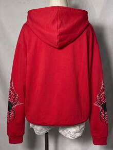 SHEIN EZwear 女款休閒拉鍊連帽衛衣，蜘蛛圖案，秋冬服飾 - 彩色 - 查看 4