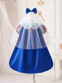 SHEIN Glamorique Kids Girls Princess Dress, Blue Princess Dress, Puff Sleeve, Royal Blue Tulle Tutu Dress, Birthday Party, Wedding Dress, Partywear Winter - Blue - View 4