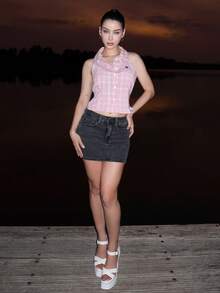 hhfernanda 女士时尚休闲格子印花刺绣无袖衬衫 - 粉色 - 查看 1