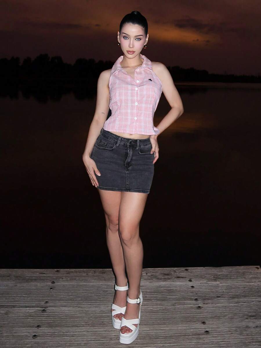 hhfernanda 女士时尚休闲格子印花刺绣无袖衬衫 - 粉色 - 查看 1