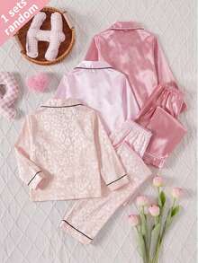 SHEIN 女童簡約休閒舒適緞面粉色素色圖案長袖居家服套裝 RANDOM3 SETS 隨機發 1 套 - 粉色 - 查看 6