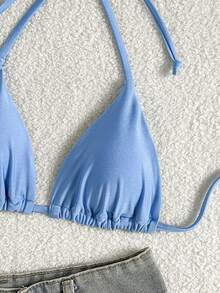 SHEIN Swim Top bikini triángulo simple halter - Azul - Ver 6