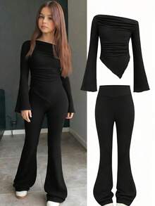 Firerie Kids Firerie Kids 2件套少女休闲黑色褶皱长袖修身针织上衣和喇叭裤套装，适合居家、户外、旅行、机场、日常休闲穿着 - 黑色 - 查看 1