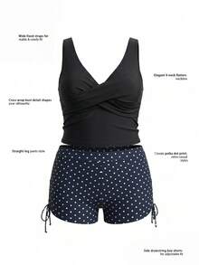Swim Lushoire Plus Size Ruched Tank Top And Polka Dot Print Tie-Front Shorts Swimwear Set For Vacation - Multicolor - View 6