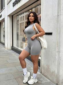 Gameset SHEIN Sport Plus Size Seamless Sleeveless Jumpsuit, Round Neck Vest Style Seamless Gray Fitness Yoga Sportswear - Grey - View 2